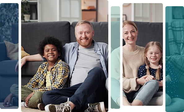 Family sitting by a couch smiling