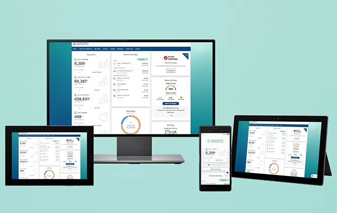 Digital banking landing page examples on various devices
